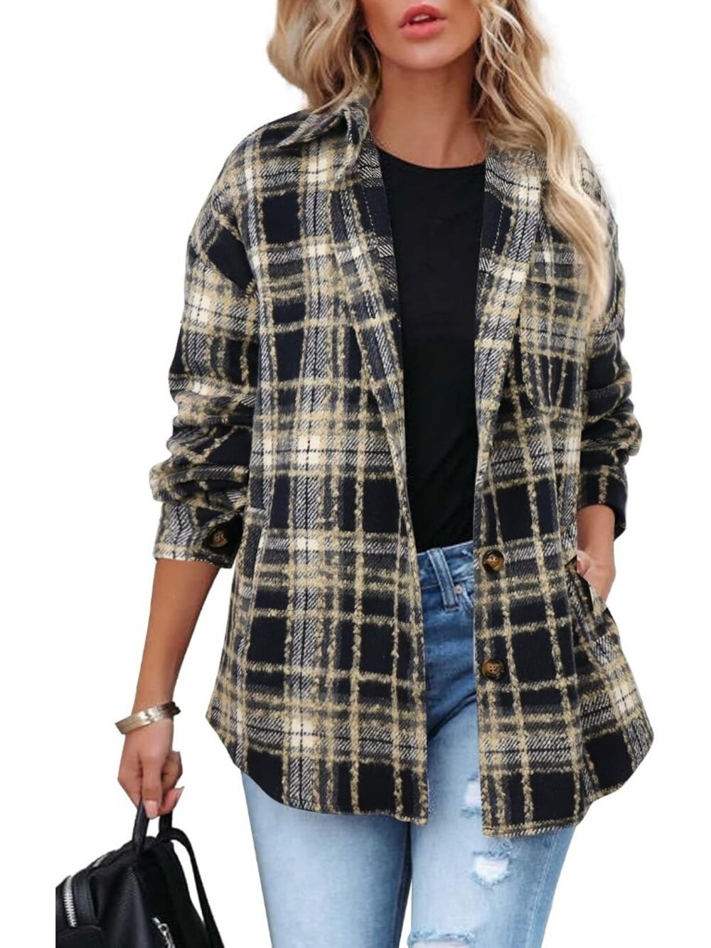 Women Black-Brown Fall Plaid Long Sleeve Bust Pocket Button Down Flannel Shacket